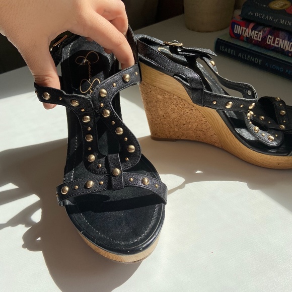 Black Jessica Simpson Wedges with Gold Studs - Picture 3 of 10